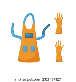 Flat orange and blue apron with gloves. Vector cartoon illustration with protective cleaning or cooking set in bright colors. Square image of colorful kitchen or cleaning ware for poster or concept