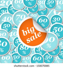 flat orange and blue circle labels with discounts and text