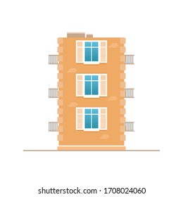 Flat orange Building with windows, small town vector illustration, isolated on white background