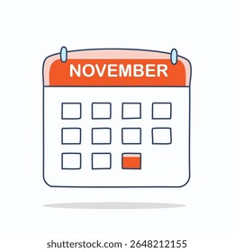 Flat orange calendar icon labeled “November” with a marked date. Great for Thanksgiving, fall-season designs, and time-management visuals.