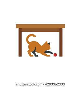A flat of an orange cat playing with a red ball underneath a dining table.