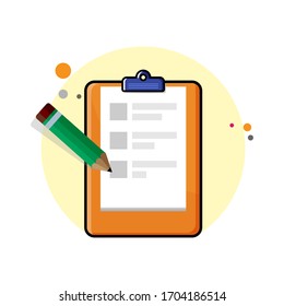 Flat orange clipboard icon with paper and green pencil on yellow circle background