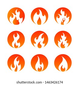 Flat orange fire flames icons set isolated on white background. Collection light effect elements for web, game, design, app. Vector illustration
