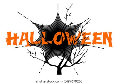 Flat orange Halloween text vector vintage on a tree and spider web decorated white background