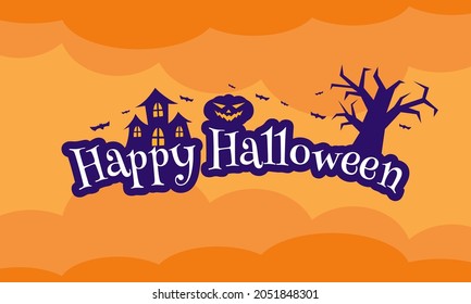 Flat orange happy Halloween greeting banner with haunted house, tree, bat and pumpkin