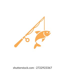 Un icono plano naranja que muestra una caña de pescar con un pez capturado en la línea.