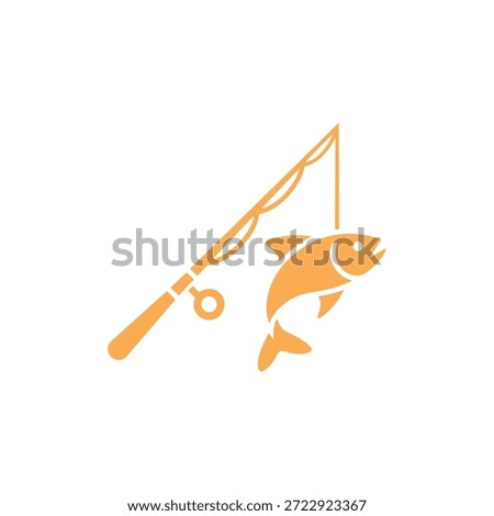 A flat orange icon showcasing a fishing rod with a fish caught on the line.