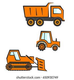 Flat orange industrial transport set. Dozer, tractor and dumper