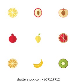 Flat Orange, Jungle Fruit, Garnet And Other Vector Elements. Set Of Dessert Flat Symbols Also Includes Slice, Jungle, Mango Objects.