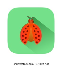 Flat orange ladybug icon with long shadow on green background