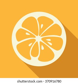 Flat orange logo with long shadow. Logotype for citrus company. Refreshing yummy tropical summer fruit. Cocktail ingredient. Vector design illustration