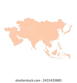 Flat orange map Asia isolated on white background. Vector illustration with Asia country. Include China, India, Japan, Egypt, Bangladesh, Egypt, Indonesia, Malaysia, Cambodia, Turkey, Vietnam.