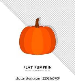 Flat orange pumpkin isolated on white and transparent background. Cartoon Halloween or Thanksgiving squash icon. Autumn decoration. Gourd symbol