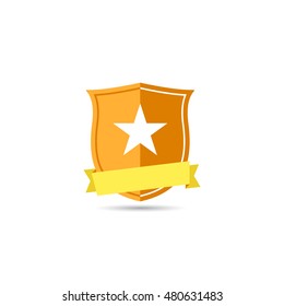 flat orange shield with big white star and yellow ribbon on it with shadow effect