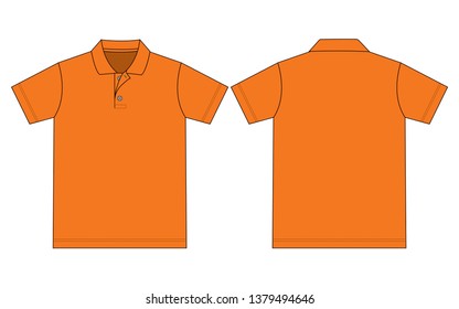 Flat Orange Short Sleeve Polo Shirt Vector For Template.Front and Back Views.