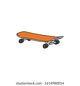 Flat orange skateboard icon isolated on white background - modern skating sport equipment in hand drawn style. Colorful skate board - flat vector illustration
