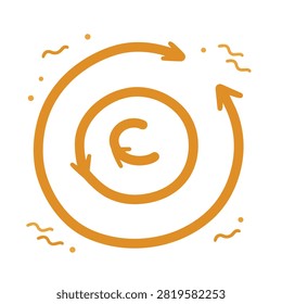 A flat orange vector graphic featuring a euro symbol surrounded by a circular arrow, symbolizing financial rotation or currency exchange.