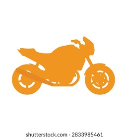 A flat orange vector silhouette of a modern sport motorcycle isolated on a plain white background representing speed and transport.