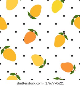Flat orange and yellow Mango vector illustration with black polka dots,  seamless pattern, vector illustration