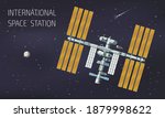 Flat orbital international space station illustration station in space near planet and comet vector illustration