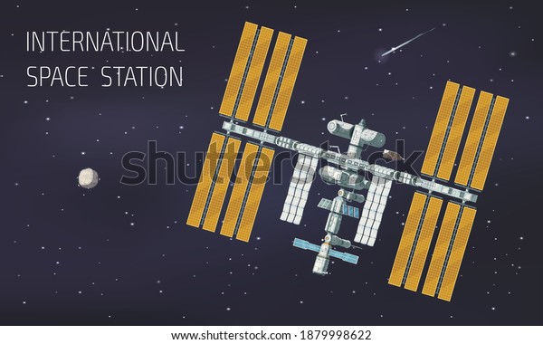 Flat orbital\
international space station illustration station in space near\
planet and comet vector\
illustration