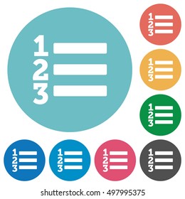 Flat Ordered list icon set on round color background.