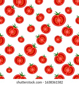 Flat organic food seamless pattern. Red juicy tomato slice isolated on white. Abstract texture for print, paper, kitchen design, fabric, cafe decor, wrap, backgrounds, menu, ads. Vector illustration