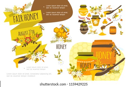 Flat organic honey colorful concept with bees beautiful flowers honeycomb clipper stick beehive barrels and jars of sweet product vector illustration