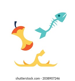 Flat organic waste with banana peel apple core fish bones isolated vector illustration