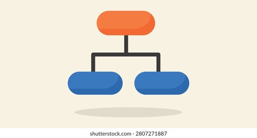 Flat organizational hierarchy chart illustration showing connected structure diagram, business management planning concept, isolated vector graphic for corporate workflow, office presentations, and professional documentation.