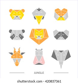 Flat origami animals. Geometric line design icon set. Vector origami animals for tattoo or coloring book. Vector origami zoo animals. Vector origami jungle animals collection. 