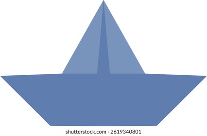 A flat origami boat is shown in a minimalist style.  The folded paper vessel floats on an unseen surface, ready for adventure. Cartoon vector illustration