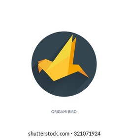 Flat origami paper bird on abstract round background with long shadow. Paper crane.