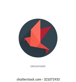 Flat origami paper bird on abstract round background with long shadow. Paper crane.