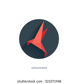 Flat origami paper bird on abstract round background with long shadow. Paper crane.