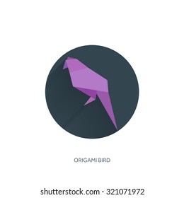 Flat origami paper bird on abstract round background with long shadow. Paper crane.