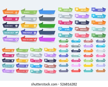 Flat Origami Paper Style Multicolored Website Different Buttons Set, Vector Colorful Web Layout Elements Collection