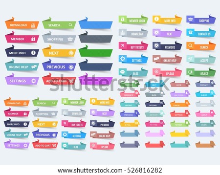 Flat Origami Paper Style Multicolored Website Different Buttons Set, Vector Colorful Web Layout Elements Collection