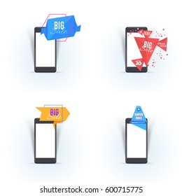 Flat Origami Style Big Sale Pop-up Banner and Smart Phone Illustration, Vector Ad Web Template Set
