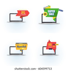 Flat Origami Style Sale Pop-up Banner and Computer Illustration, Vector Ad Web Template Set