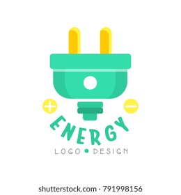 Flat original logo design with electric plug. Eco concept for environmentally friendly business or modern technologies. Vector isolated on white