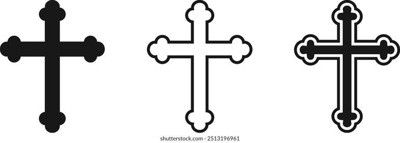 Flat ornate crucifix vector, solid and outline style, decorative cross, religious symbol, Christian icon, spiritual crucifix design, sacred art, black and white cross