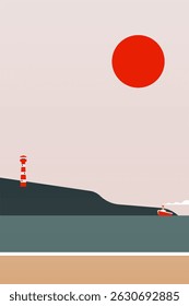 Flat outdoor boho landscape wall art illustration background. Minimalistic aesthetic landscape boho illustration