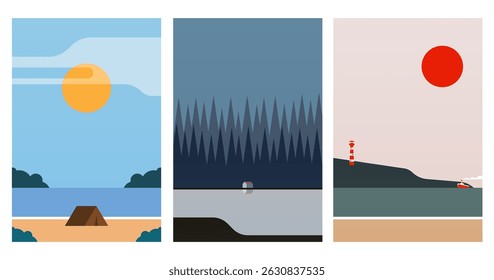Flat outdoor boho landscape wall art illustration background. Minimalistic aesthetic landscape boho illustration