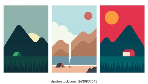 Flat outdoor boho landscape wall art illustration background. Minimalistic aesthetic landscape boho illustration