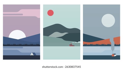 Plano ao ar livre boho paisagem parede arte ilustração fundo. Ilustração de boho de paisagem estética minimalista