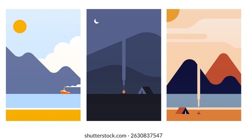 Flat outdoor boho landscape wall art illustration background. Minimalistic aesthetic landscape boho illustration