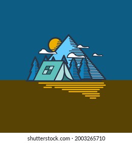 Flaches Camping im Freien mit Berg und Mond auf dem Hintergrund, Vektorgrafik