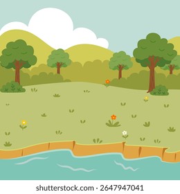 flat outdoor illustration of forest and river suitable for children's theme playing water