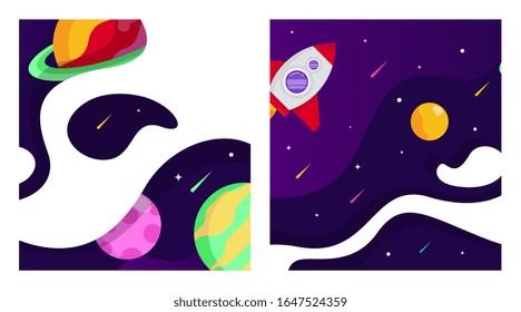 Flat outer space background illustration vector. Outer space illustration in pack. Outer space with spaceman and spacecraft